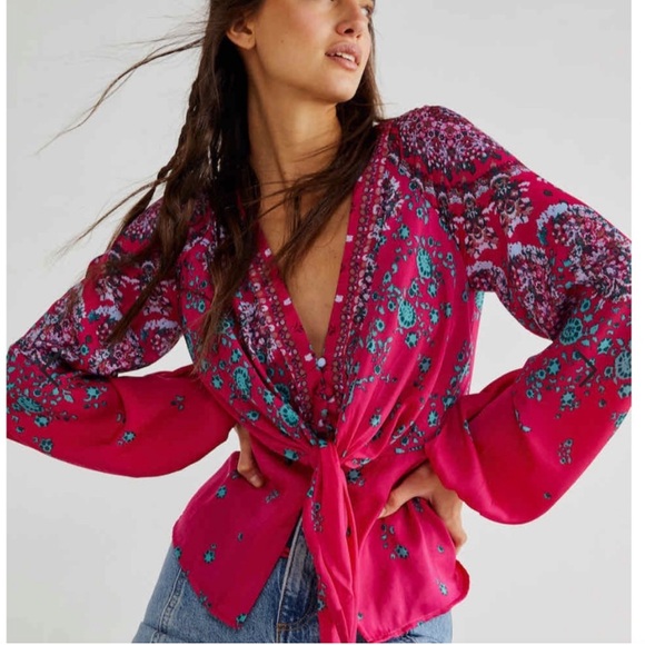 Free People Tops - Free People Tie Front Top Bandana Print Pink Combo Boho Festival Size XS